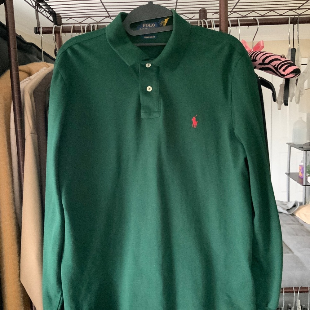 Polo by Ralph Lauren Men's Long-Sleeve Green Polo with Red Pony